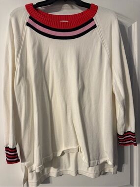 CAbi Cream Crewneck Sweater with Red, Pink and Black Trim